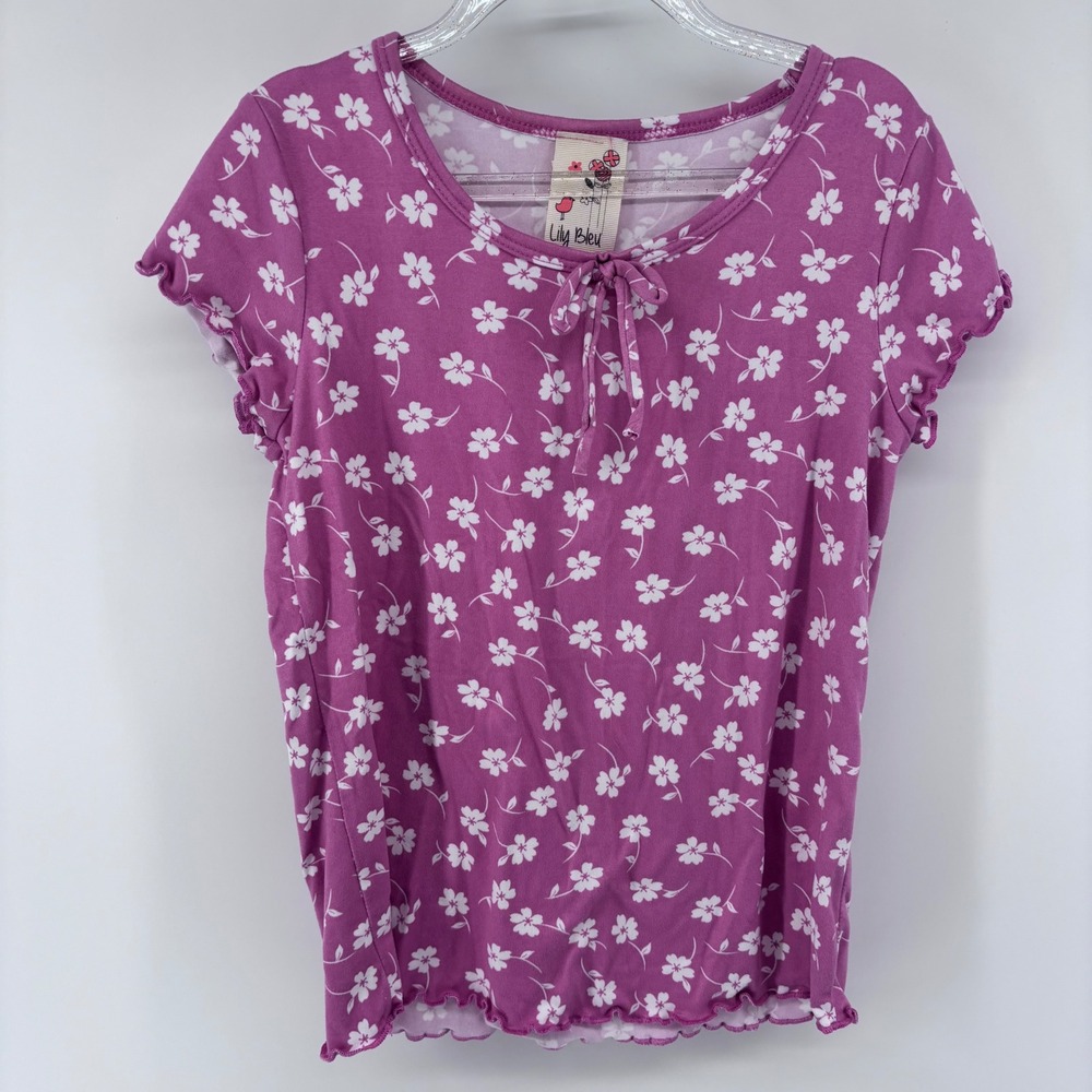 Lily Bleu Girls Top 6X Purple Floral Tie Front Ruffle Short‎ Sleeve Kids